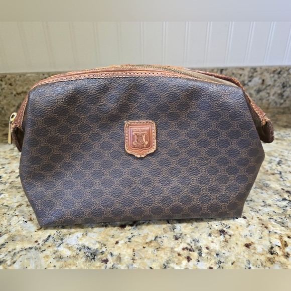 Celine authentic macadam pattern Cosmetic pouch PVC leather zip closure brown - Picture 1 of 8